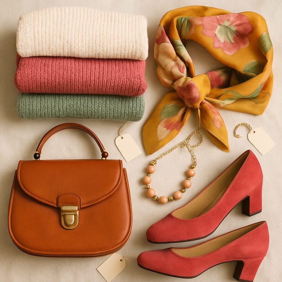 Jolies pièces vintage pliées et accessoires de seconde main